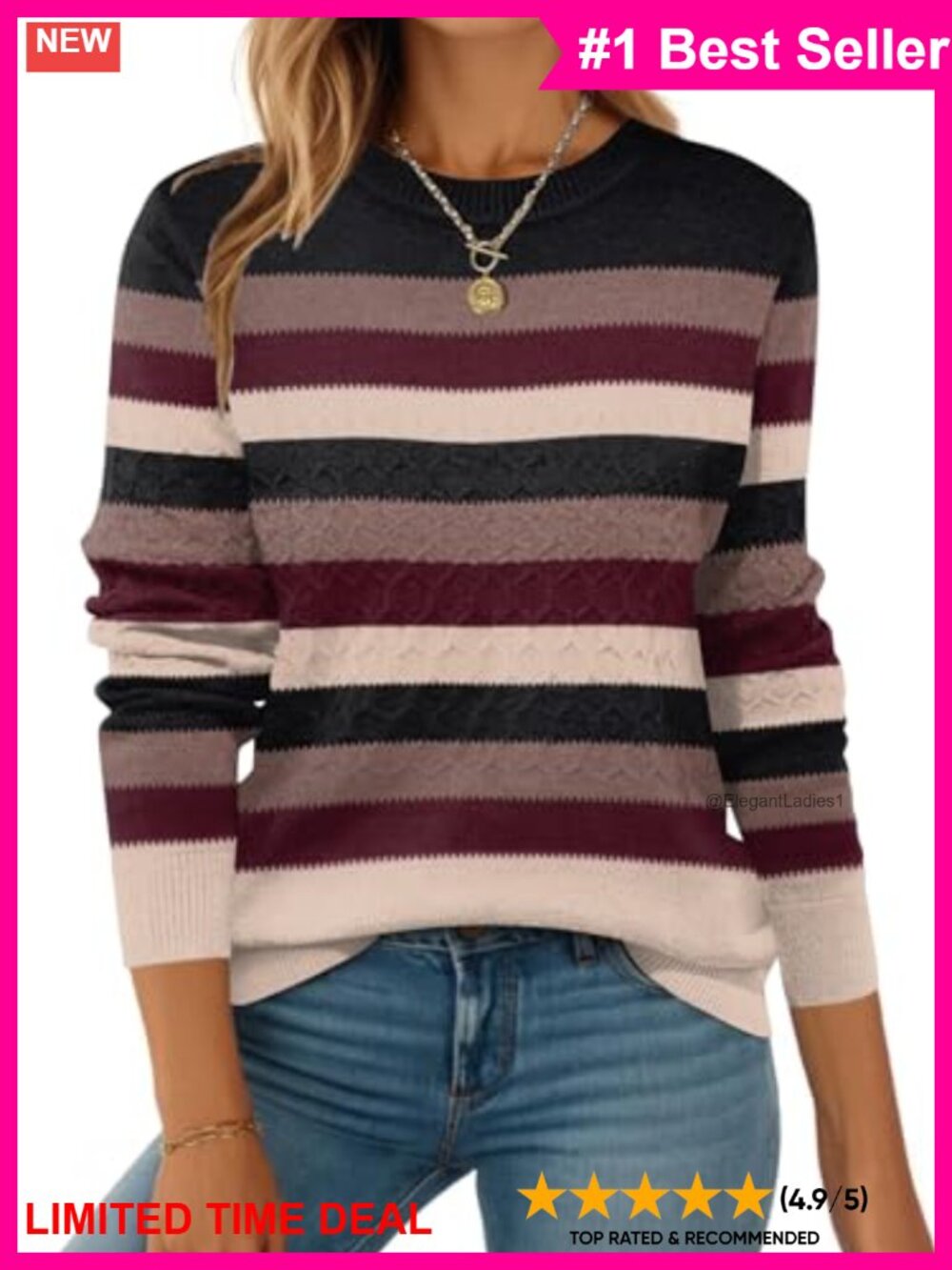Ribbed Knit Crew Neck Long Sleeve Pullover Sweater Lightweight Fall Top